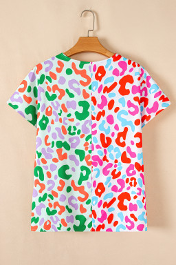 Green Leopard Print Patchwork V Neck Short Sleeve Blouse