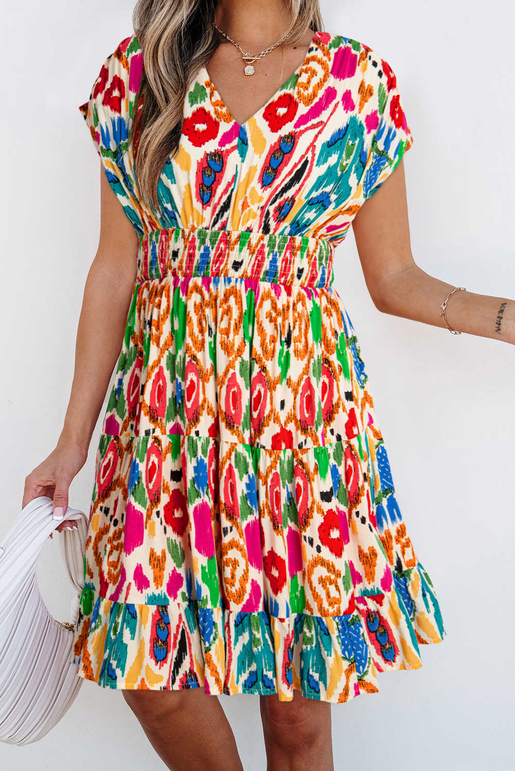 Sky Blue Abstract Print V Neck Dolman Sleeve Ruffle Tiered Mini Dress