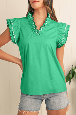 Bright Green Scallop Trim V Neck Layered Short Sleeve Blouse