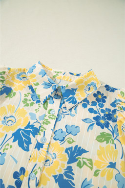 Blue Floral Striped Mixed Print Puff Sleeve Blouse