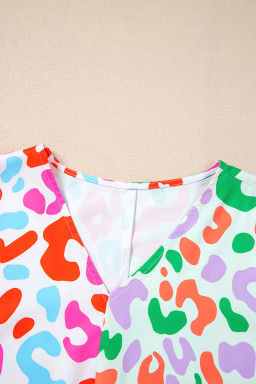 Green Leopard Print Patchwork V Neck Short Sleeve Blouse