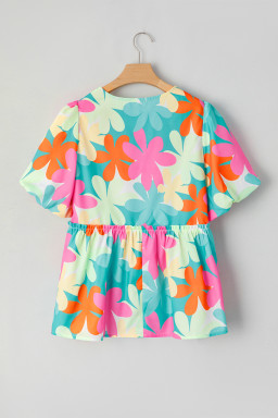 Pink Floral Print Bubble Sleeve V Neck Peplum Blouse