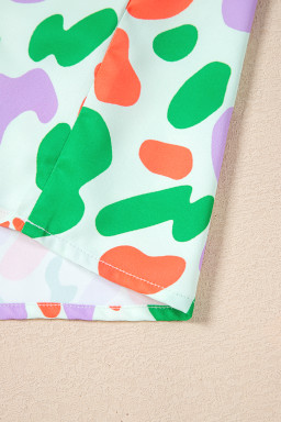 Green Leopard Print Patchwork V Neck Short Sleeve Blouse