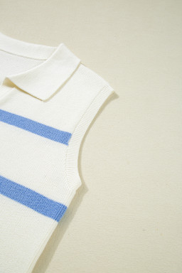 Sky Blue Striped Split V Neck Collared Ribbed Knit Vest