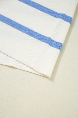 Sky Blue Striped Split V Neck Collared Ribbed Knit Vest