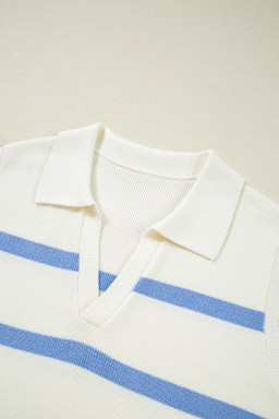Sky Blue Striped Split V Neck Collared Ribbed Knit Vest