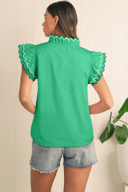 Bright Green Scallop Trim V Neck Layered Short Sleeve Blouse