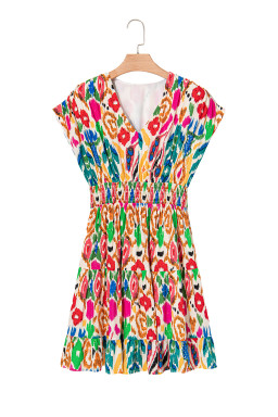 Sky Blue Abstract Print V Neck Dolman Sleeve Ruffle Tiered Mini Dress