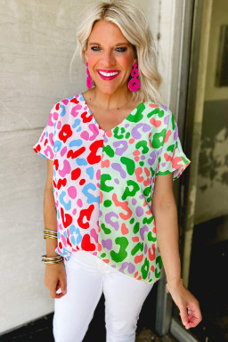 Green Leopard Print Patchwork V Neck Short Sleeve Blouse