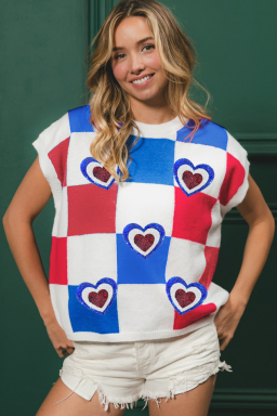 White USA Flag Inspire Plaid Sequin Heart Graphic Short Sleeve Sweater