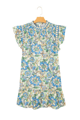 Spinach Green Botanical Floral Print Ruffle Pleated Mini Dress