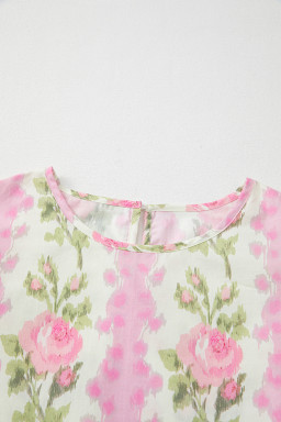 Pink Floral Print Layered Ruffle Sleeve Summer Top