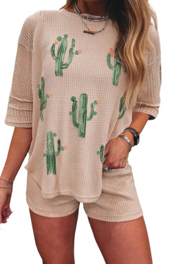 Light French Beige Cactus Graphic Waffle Half Sleeve Tee and Shorts Set