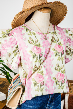 Pink Floral Print Layered Ruffle Sleeve Summer Top