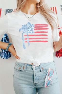 White American Flag Bow Knot Heat Transfer Printing Crew Neck T Shirt