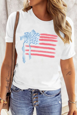 White American Flag Bow Knot Heat Transfer Printing Crew Neck T Shirt