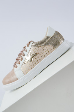 Gold Glitter Star Patchwork PU Leather Lace-up Sneakers