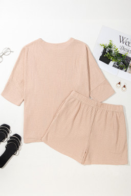 Light French Beige Cactus Graphic Waffle Half Sleeve Tee and Shorts Set