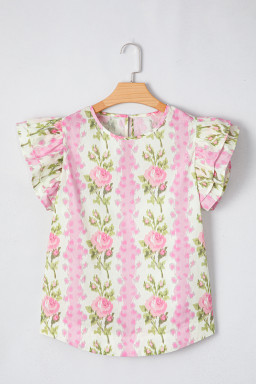 Pink Floral Print Layered Ruffle Sleeve Summer Top