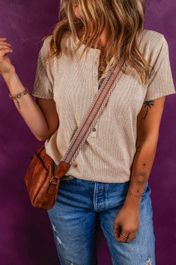 Oatmeal Short Sleeve Half Button Ribbed Top