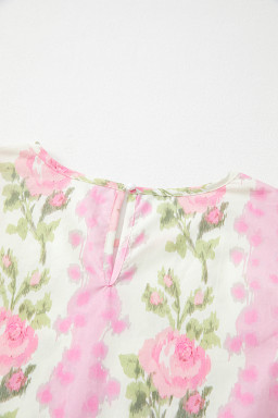 Pink Floral Print Layered Ruffle Sleeve Summer Top