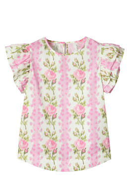 Pink Floral Print Layered Ruffle Sleeve Summer Top
