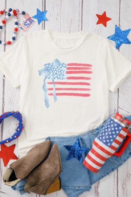 White American Flag Bow Knot Heat Transfer Printing Crew Neck T Shirt