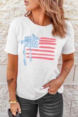White American Flag Bow Knot Heat Transfer Printing Crew Neck T Shirt