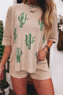 Light French Beige Cactus Graphic Waffle Half Sleeve Tee and Shorts Set