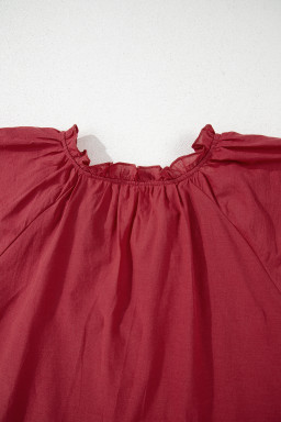 Red Dahlia Floral Embroidered Scallop Trim Short Sleeve V Neck Blouse