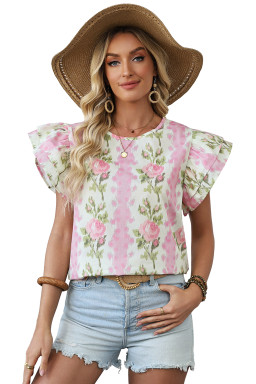 Pink Floral Print Layered Ruffle Sleeve Summer Top