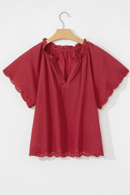 Red Dahlia Floral Embroidered Scallop Trim Short Sleeve V Neck Blouse