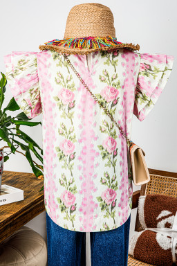 Pink Floral Print Layered Ruffle Sleeve Summer Top
