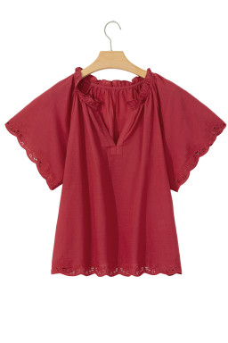 Red Dahlia Floral Embroidered Scallop Trim Short Sleeve V Neck Blouse
