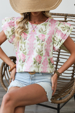 Pink Floral Print Layered Ruffle Sleeve Summer Top