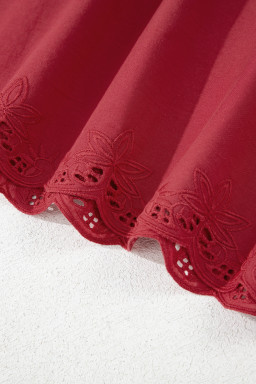 Red Dahlia Floral Embroidered Scallop Trim Short Sleeve V Neck Blouse