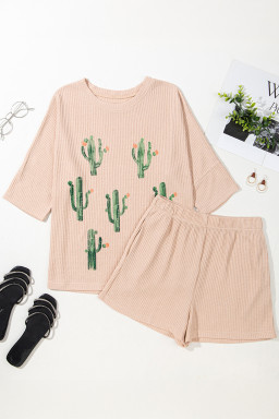 Light French Beige Cactus Graphic Waffle Half Sleeve Tee and Shorts Set
