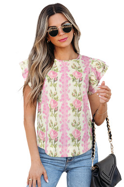 Pink Floral Print Layered Ruffle Sleeve Summer Top