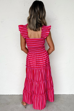 Rose Stripe Ruffle Strap Shirred Bodice Tiered Maxi Dress