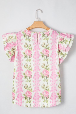Pink Floral Print Layered Ruffle Sleeve Summer Top