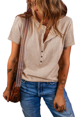 Oatmeal Short Sleeve Half Button Ribbed Top