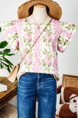 Pink Floral Print Layered Ruffle Sleeve Summer Top