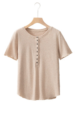 Oatmeal Short Sleeve Half Button Ribbed Top