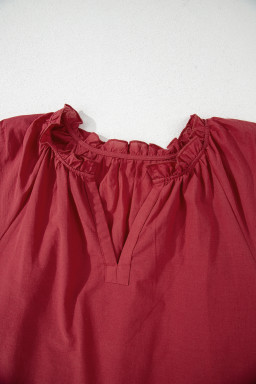 Red Dahlia Floral Embroidered Scallop Trim Short Sleeve V Neck Blouse