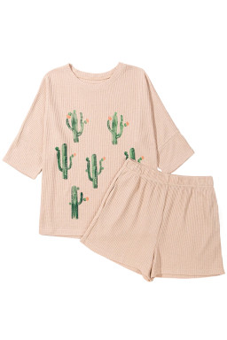 Light French Beige Cactus Graphic Waffle Half Sleeve Tee and Shorts Set