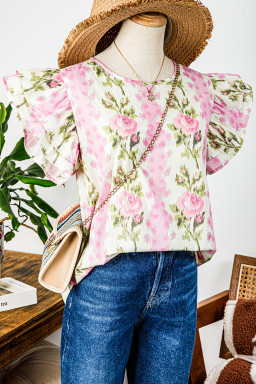 Pink Floral Print Layered Ruffle Sleeve Summer Top