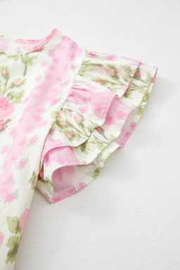Pink Floral Print Layered Ruffle Sleeve Summer Top