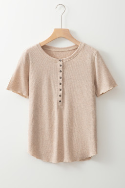 Oatmeal Short Sleeve Half Button Ribbed Top