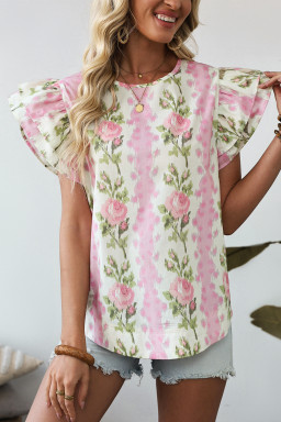 Pink Floral Print Layered Ruffle Sleeve Summer Top