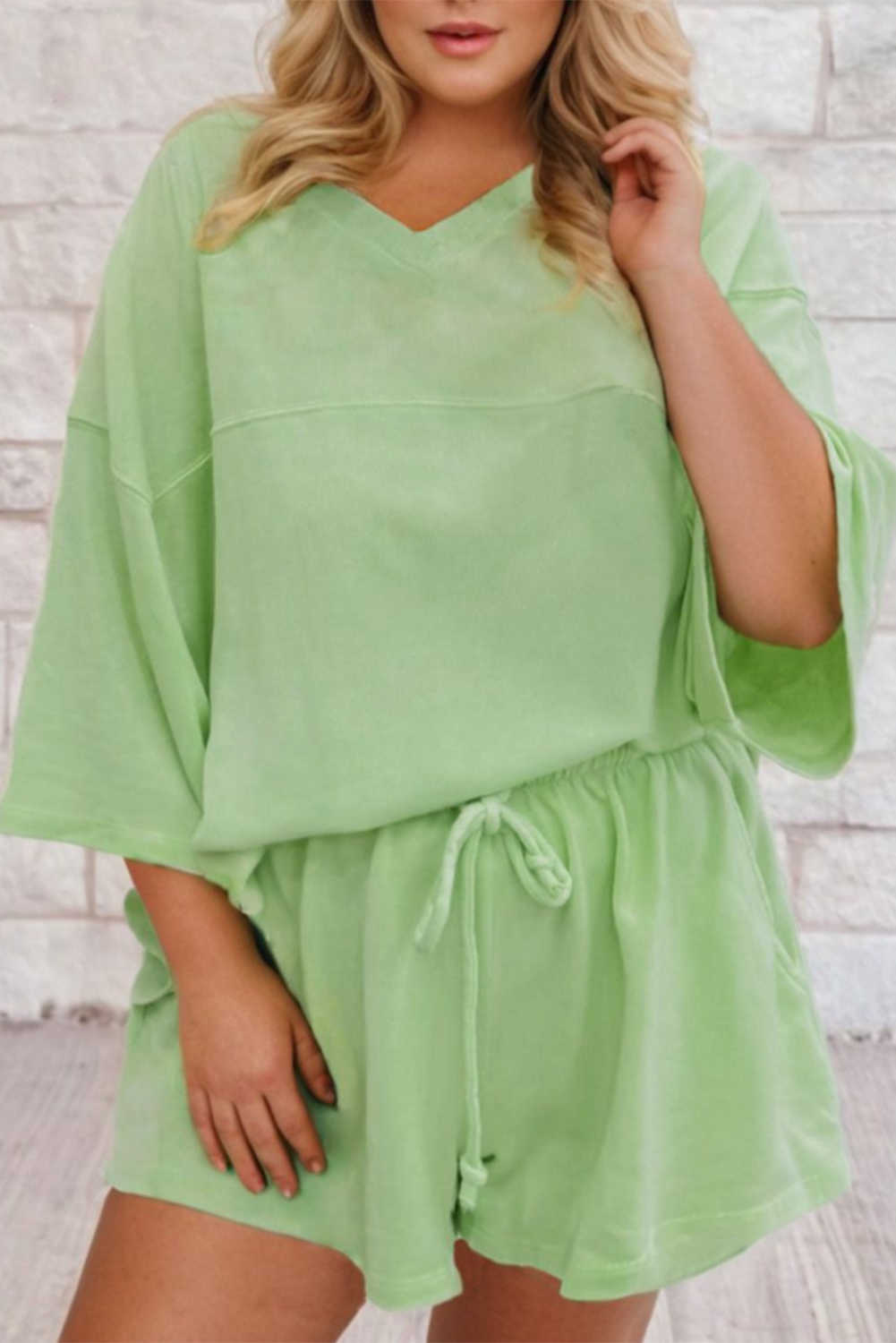 Meadow Mist Green Plus Size V Neck Drop Shoulder Tee Loose Shorts Set